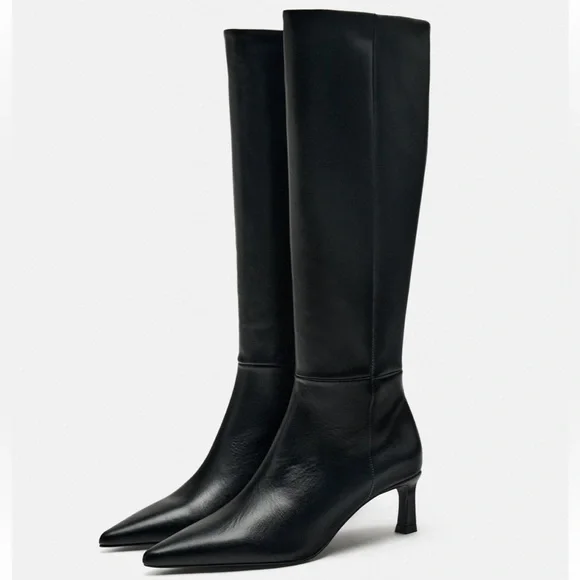 Zara | Shoes | Zara Midheel Knee High Black Leather Boots